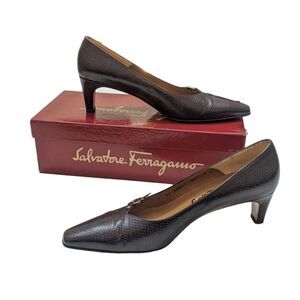 Salvatore Ferragamo Minuetto Black Snake Skin Pumps‎ Heels Size 8 AA With Box